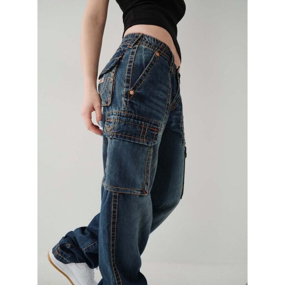 True Religion Big T Cargo Pants Women’s 29 Low Rise Baggy Jeans Embroidered Y2K - Picture 11 of 16